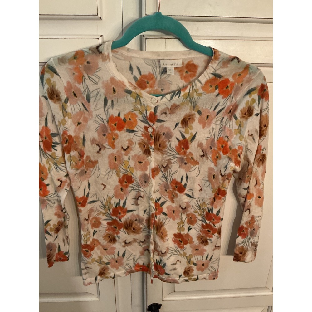 Garnet Hill Womens Orange Floral 100% Merino Wool Button Front Cardigan Size M
